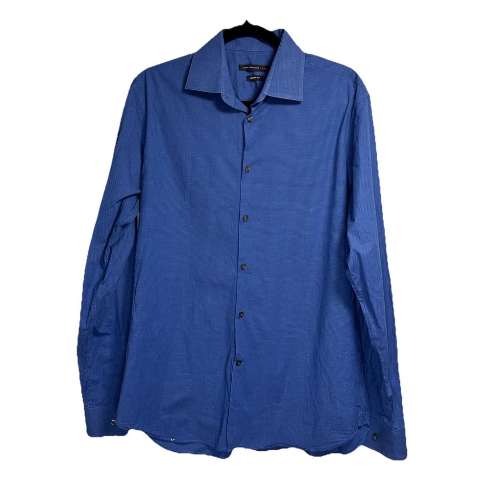 John Varvatos Shirt Men's 16L Blue Check Modern Fit Stretch‎ Button Up Office